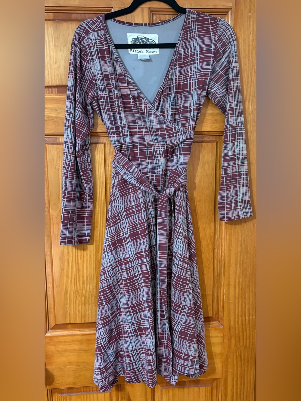 Effie’s Heart faux wrap burgundy plaid midi dress, Medium